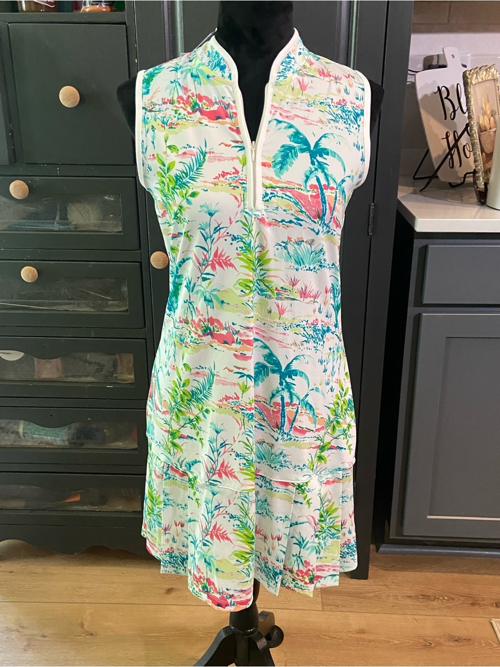 Women’s Sleeveless Tropical Print Swim Cover-Up Dress - White Multicolor